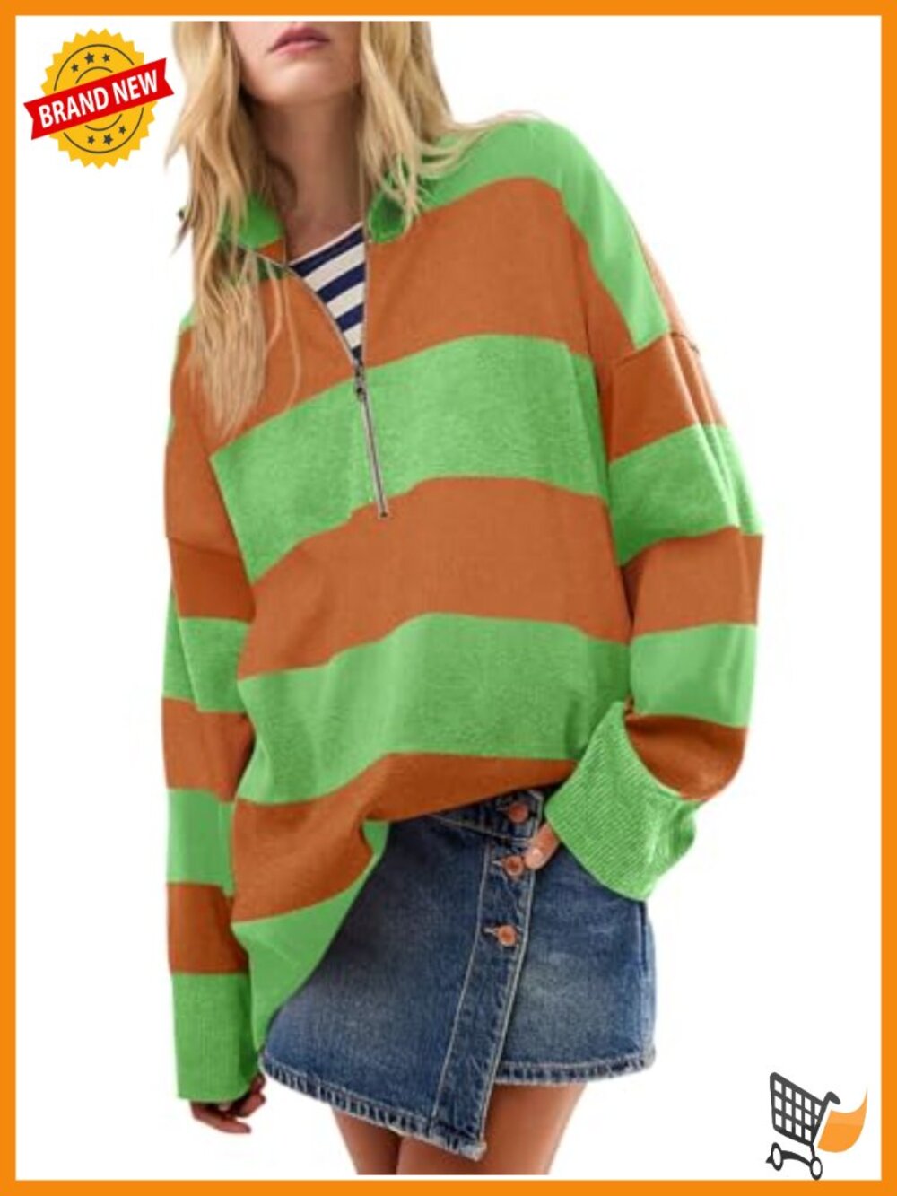 Striped Half Zip V-Neck Oversized Sweater Women Long Sleeve